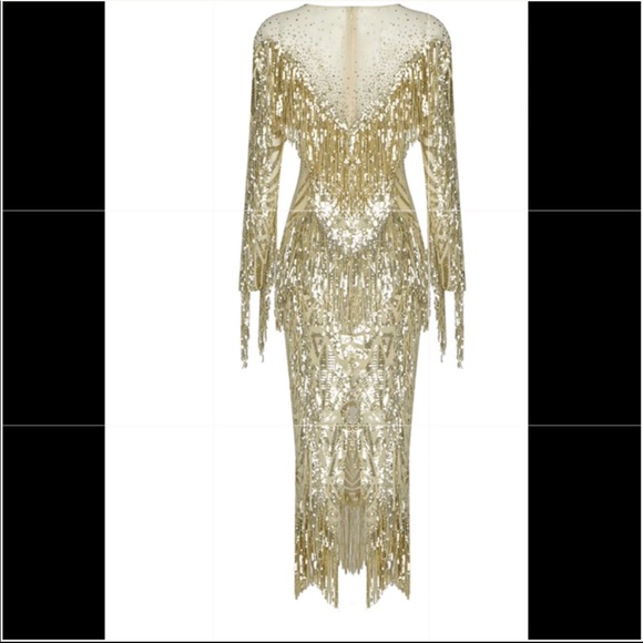 Gold Sequins Fringe Luxe Midi Dress - Picture 7 of 7
